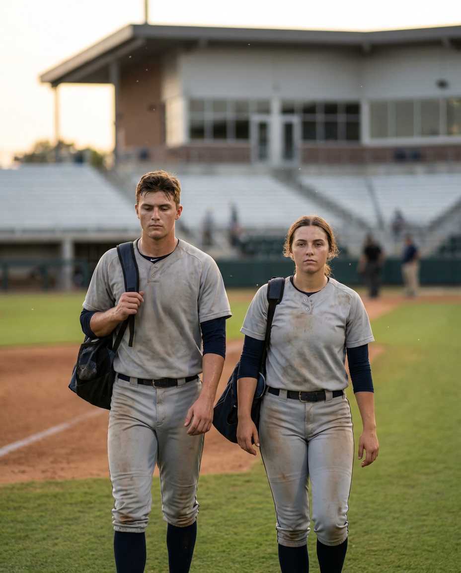 College-age athletes walking off field